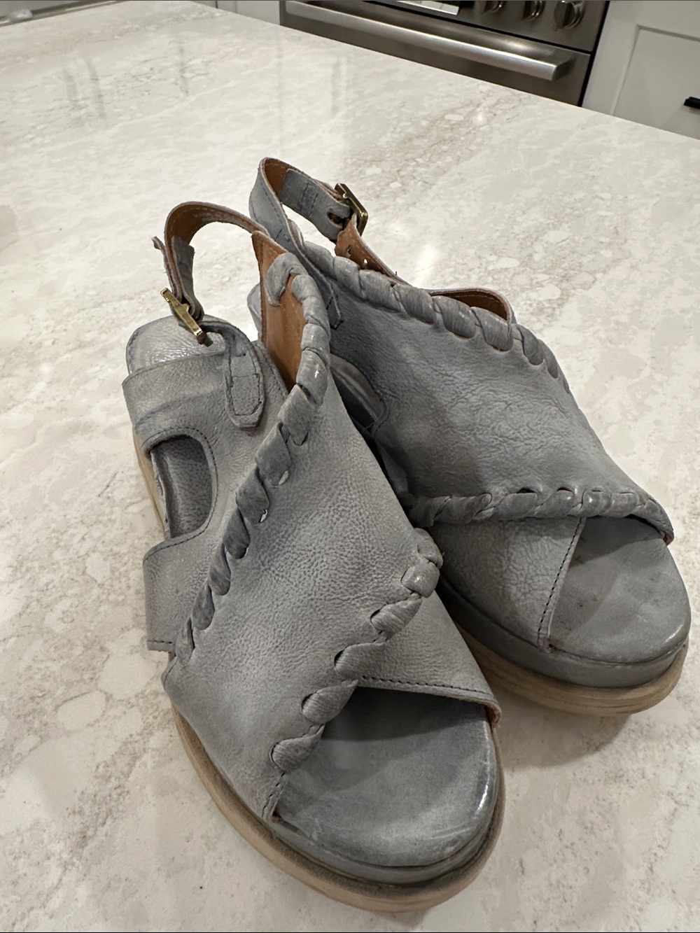 A.S.98 Light Gray Leather Braided Peep-Toe Wedge Sandals